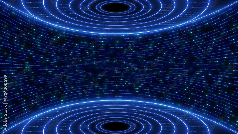 Poster futuristic digital tunnel with neon blue rings and flowing data stream particles, a dynamic visual o