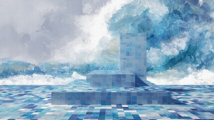 aigenerated wavy mosaic podium in oceaninspired blues and whites with watercolor wave background
