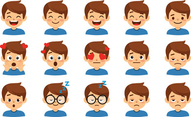 Cartoon boy emotions grid, facial expressions set, happy sad love tired, vector art, educational design, mood chart, white background