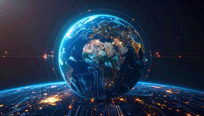 Futuristic Earth in space with digital overlay