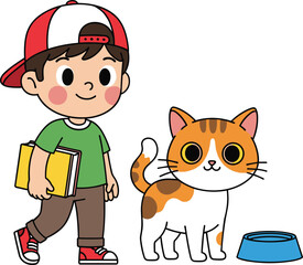 Cartoon child with books, smiling boy, cute cat beside, colorful illustration, pet bowl, playful moment, educational, indoor scene
