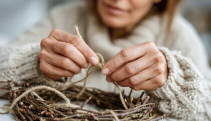 Creating a festive Christmas wreath with natural twigs and twine in a cozy indoor setting during the holiday season