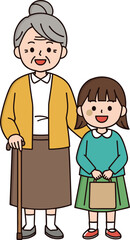 Cartoon grandmother and granddaughter, smiling together, holding bag, warm family moment, generational bond, colorful illustration, indoor scene, happy characters