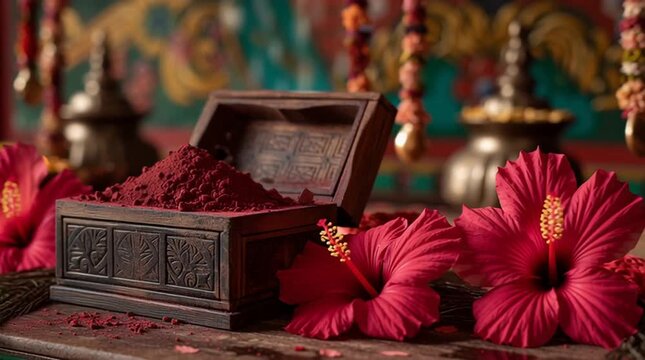 Box of Red Kumkum Powder with Hibiscus Flowers for Pooja