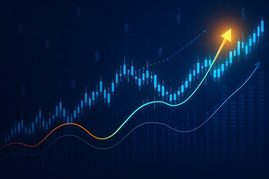 Abstract financial graph with uptrend line arrow and bar chart of stock market on blue color background.. - Powered by Adobe