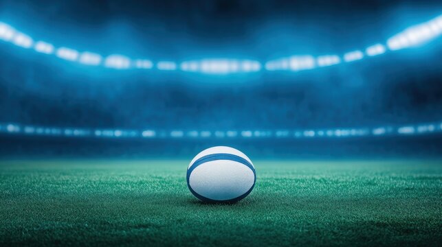 Rugby ball on field in illuminated stadium