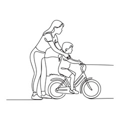 One continuous line Art drawing of young mother help her daughter learning to ride a bicycle at countryside together. with white background