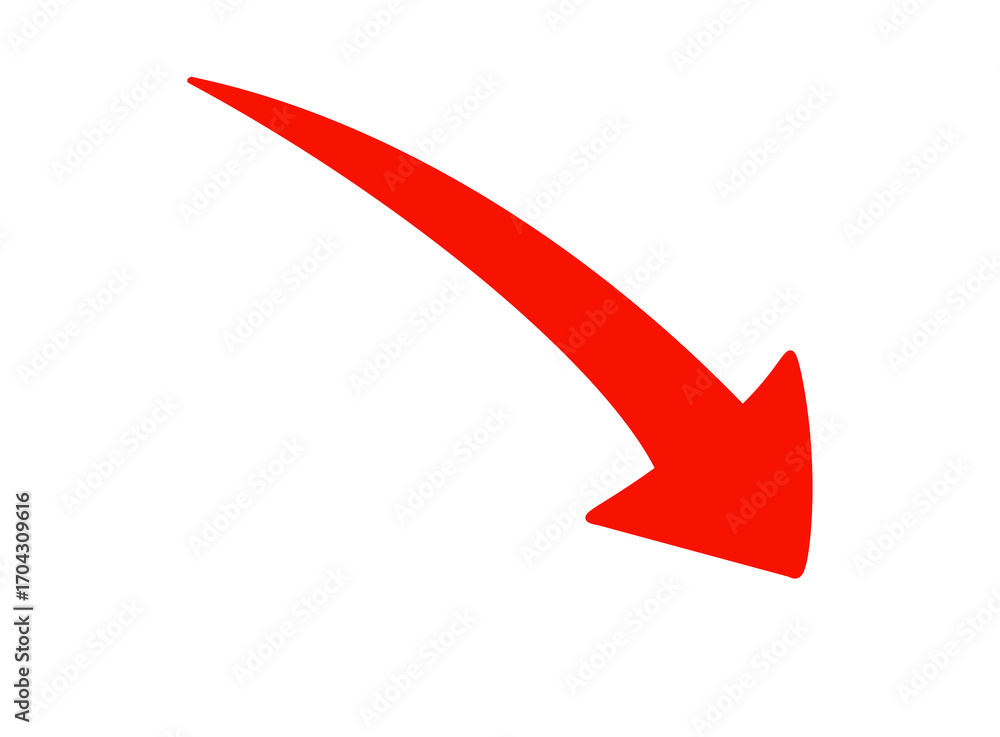 Poster red curved arrow pointing downwards, isolated on transparent background