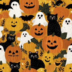 Fototapeta premium Halloween night wallpaper with ghosts and cats