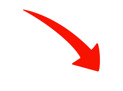 Red curved arrow pointing downwards, isolated on transparent background