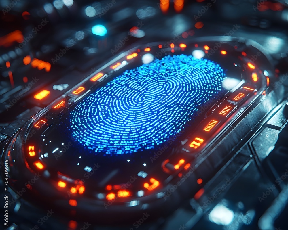 Aufkleber digital fingerprint scanner with glowing blue light and futuristic circuit board elements symbolizin