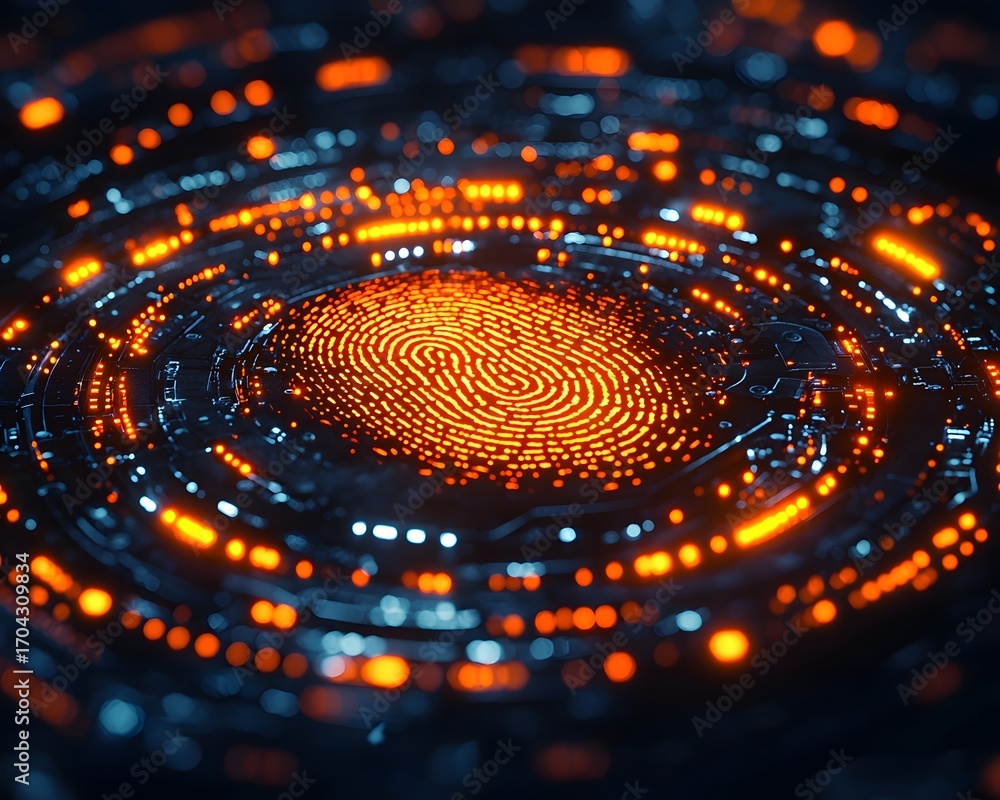 Aufkleber digital fingerprint scan on a futuristic circuit board background with glowing orange and blue light