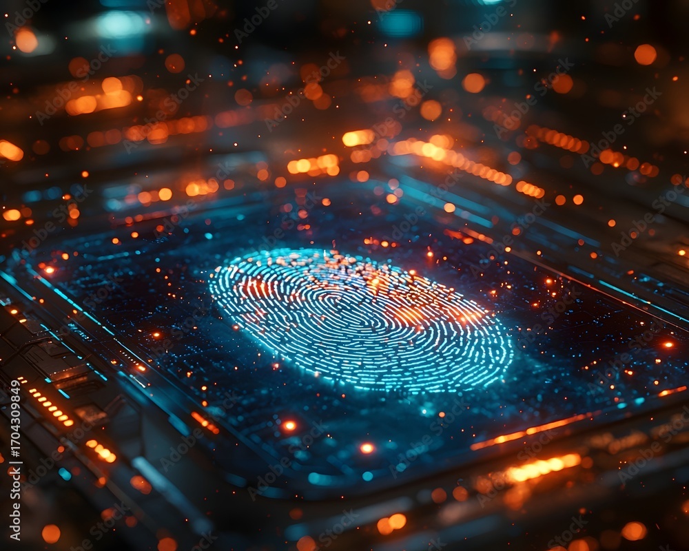 Aufkleber abstract digital fingerprint scan glowing on a dark technological circuit board background symbolizi
