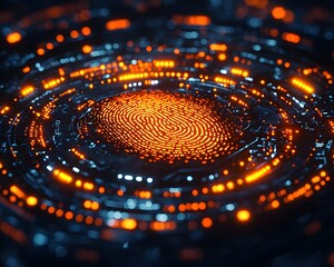 Digital fingerprint scan on a futuristic circuit board background with glowing orange and blue lights symbolizing identity verification