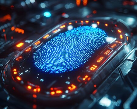 Digital fingerprint scanner with glowing blue light and futuristic circuit board elements symbolizing secure technology and identity verification