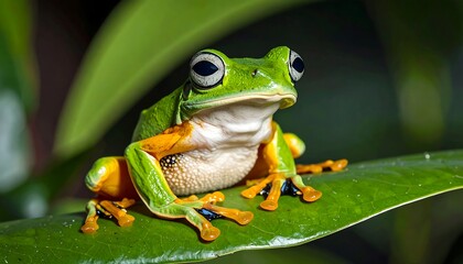 Close-up of vibrant green frog with orange accents on a lush leaf