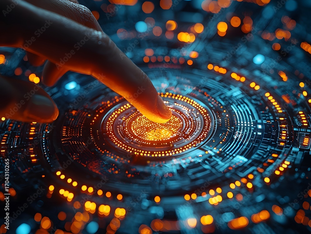 Aufkleber a finger interacts with a glowing futuristic digital interface symbolizing technology and data
