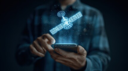 man holding mobile phone with hologram satellite signal icon above screen