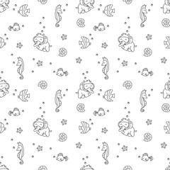 Cute seamless pattern with cartoon elephant snorkeling, seahorses, tropical fish, shells, and starfish. Fun underwater design for kids and baby products.