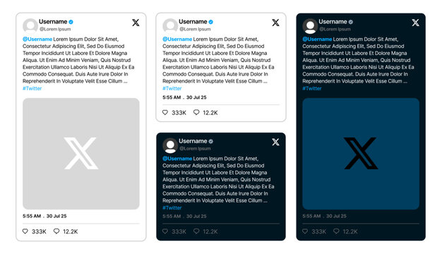 Twitter X post mockup &mdash; text and image post in light and dark mode