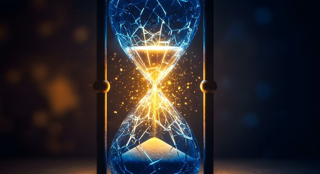 A glowing hourglass cracked with light spilling out, concept of urgency.