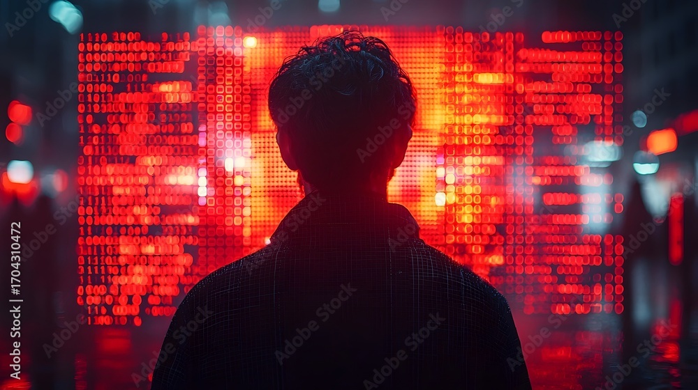 Poster a person stands in front of a large glowing screen displaying digital data and code in a futuristic 