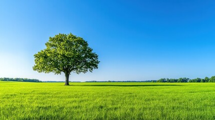 Obraz premium Lone tree in green field under blue sky