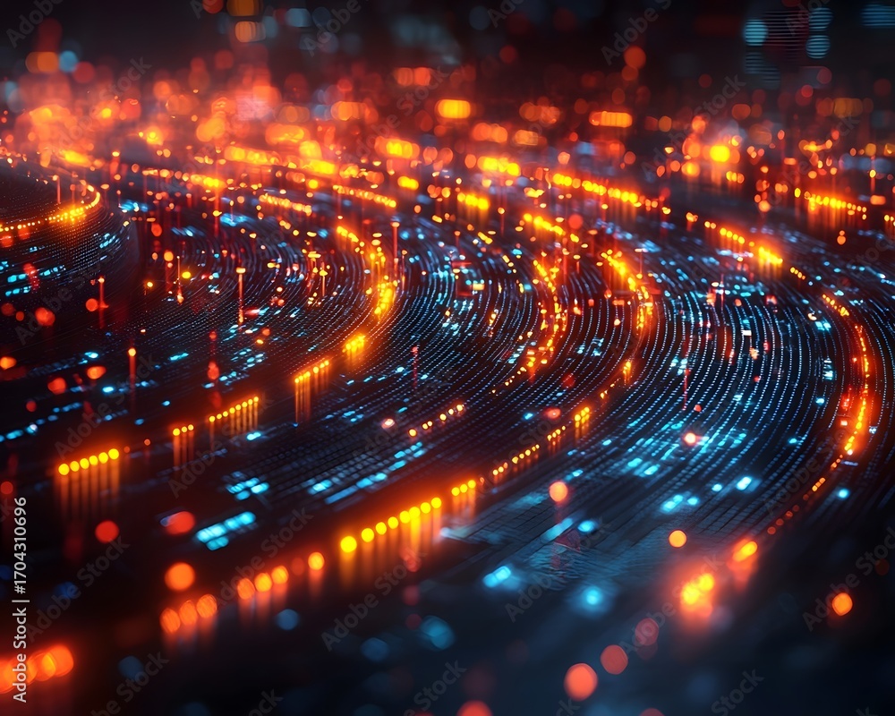 Aufkleber abstract digital network with glowing orange and blue lights representing data streams and connectiv