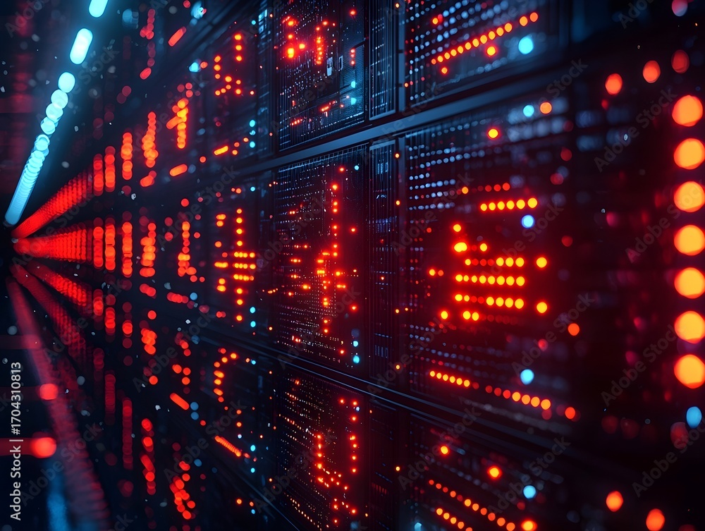 Poster futuristic data center with rows of glowing red and blue server lights representing digital network 