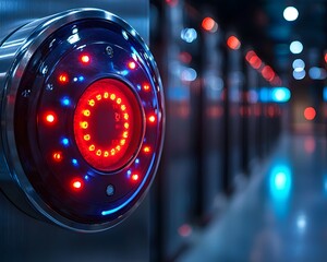 A close up detailed view of a futuristic security access scanner featuring a circular array of glowing red and blue LED lights in a dimly lit
