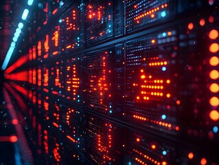 Futuristic data center with rows of glowing red and blue server lights representing digital network activity