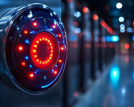 A close up detailed view of a futuristic security access scanner featuring a circular array of glowing red and blue LED lights in a dimly lit - Powered by Adobe