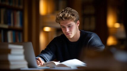 A student studies at a wooden table in a quiet library with textbooks open a laptop glowing a coffee mug steaming and tall bookshelves casting shadows captured in a focused