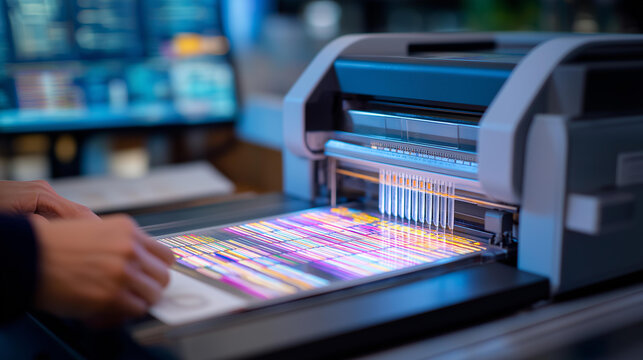 A technician runs a gel electrophoresis in a molecular lab with DNA bands migrating buffers bubbling electrodes connected and a UV transilluminator glowing presented in a