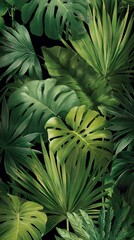 Lush green tropical foliage creates a dense and vibrant jungle scene, showcasing the beauty and diversity of natures verdant plant life in a closeup view