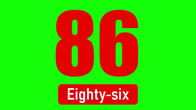 Colorful number eighty-six on a green screen for video use