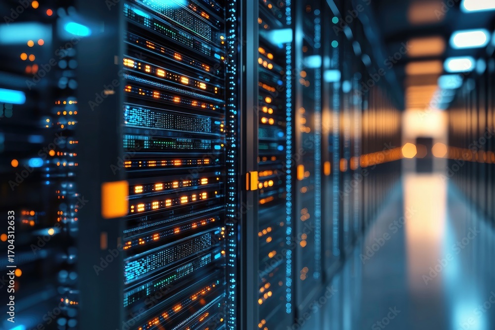 Poster futuristic server room corridor with glowing data racks and warm lighting for it infrastructure, clo