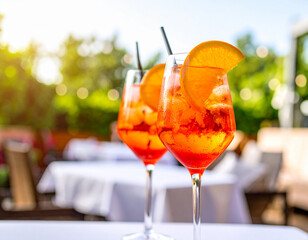 Refreshing Aperol Spritz Cocktails with Orange Slices on Outdoor Table