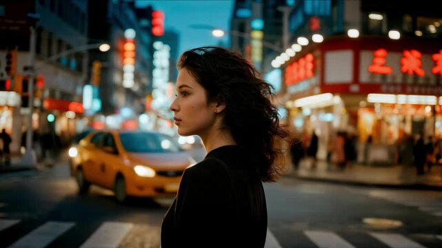 A woman walking in a bustling city at night. Urban professional, career path, city life, success