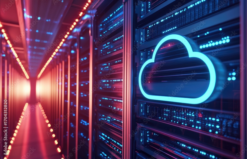 Poster futuristic cloud computing server hall with glowing blue neon icon and illuminated racks for it infr