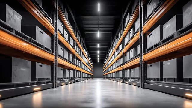 Automated Warehouse Shelves Arranged Neatly Extending to the Distance