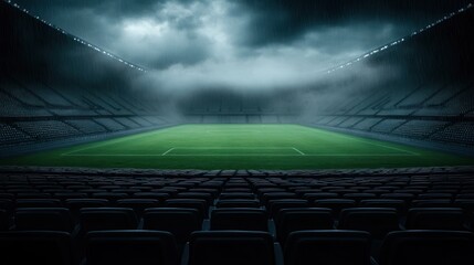 Naklejka premium Empty rainy soccer stadium at night