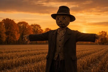 Straw Man in Plaid and Hat at Dusk