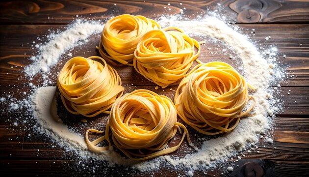 Fresh pasta nests on a wooden table dusted with flour - Powered by Adobe