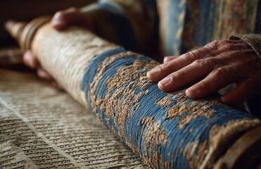 Rabbi reading ancient hebrew torah scroll in synagogue