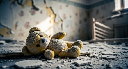 Abandoned teddy bear in a derelict room.