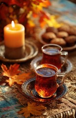 Two glasses of tea with cookies and candle creating cozy autumn atmosphere