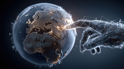 Digital hand reaching out to touch a glowing Earth in darkness