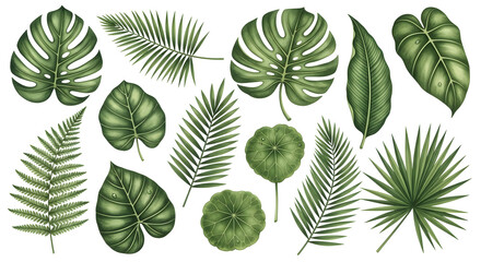 Fototapeta premium Tropical Leaf Set Watercolor Collection — Lush Monstera, Banana, Palm and Heart-Shaped Philodendron Leaves Painted in Deep Greens for Botanical Prints, Surface Pattern Design and Tropical-Themed Decor