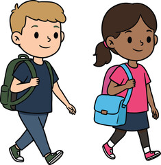 Boy and girl walking to school together with backpacks, cartoon vector illustration of children in casual clothes and friendly mood.